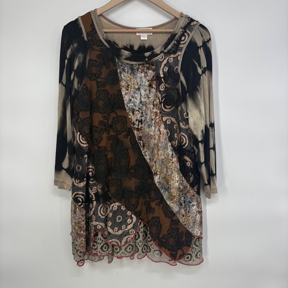 Kamana Mixed Media Tunic Top Brown Tie Dye Velvet Lace Patchwork Boho Small